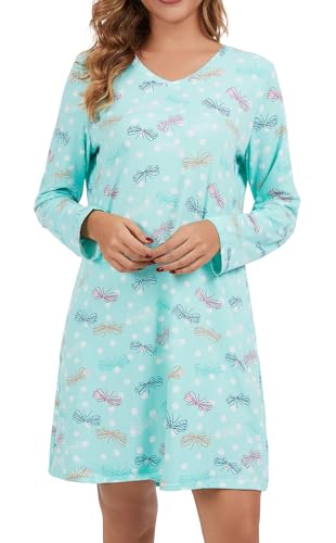 Image of Kabento 2 Pack Long Sleeve Nightgowns for Women Soft Cotton Night Gowns Sleepwear V Neck Nightshirts
