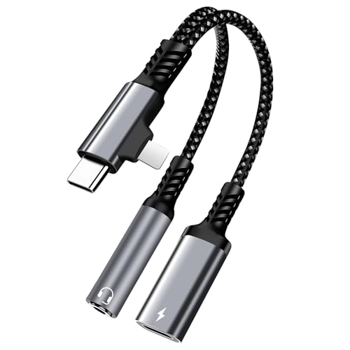 2 in 2 Lightning and USB C to 3.5mm Headphone and Fast Charger Adapter, USB C to 3.5mm Jack, Lightning to 3.5mm Jack, Compatible with Lightning GalaxyS22, iPad Pro, Pixel, iPhone 14 13 12 11 X, etc.