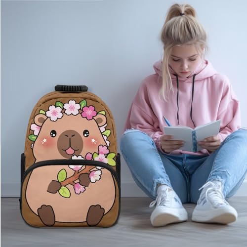 Flower Capybara 4pcs School Bag Set School Backpack for Kids 8-12 Girls and Lunch Bag Box Bookbag with Insulated Thermal Cuteer Lunch Box Pencil Case Water Bottle Sleeve Elementary2
