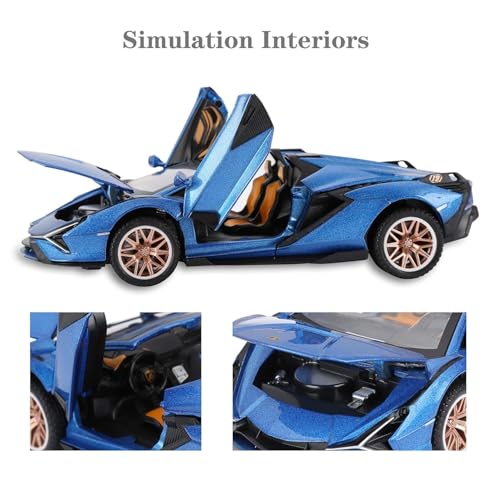 Image of 1:32 Open Lamborghinii Sian Diecast Toy Car Metal Pull Back Vehicle with Openable Doors Lights & Sound Collectible Gift Toy for Kids Boys & Girls Fun & Realistic Design (Blue)