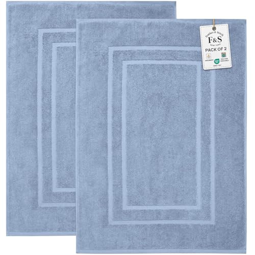 Feather & Stitch 2 Piece Towel Like Bath Mats (30x21 Inch) 100% Cotton Terry Bath Mats Bathroom Shower Floor Mats [NOT A Bathroom Rug] Soft Absorbent Washable Mats - Pool Blue