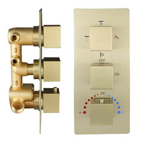 Brass 4 Ways Shower Diverter Valve Brushed Gold, HOMEDEC Thermostatic