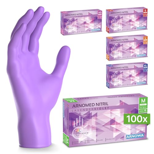 100x ARNOMED® Guantes nitrilo talla M Morado, Guantes desechables quirurgicos y laboratorio, Luvas nitrilo descartaveis sin polvo y látex, Manoplas nitrilo en XS, S, M, L, XL, XXL