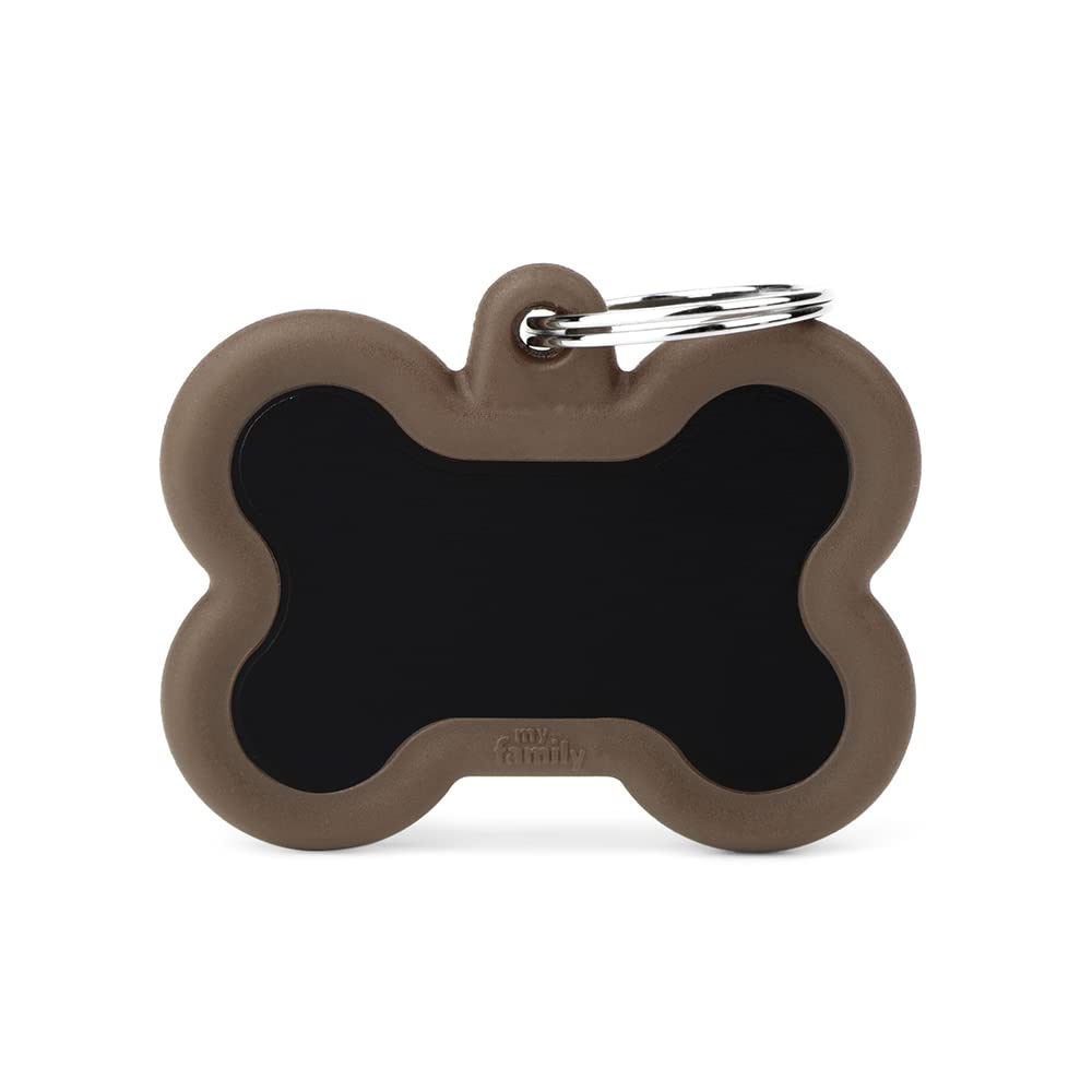 MyFamily Personalized Pet ID Tag Made in Italy, Black and Brown Bone, Dog Tag Free Engraving, Enamelled Aluminum and Rubber, Hushtag Collection, 41X33 mm