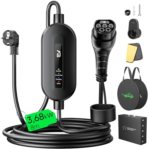 Evjuicion Cable de Carga para Coche eléctrico Tipo 2 Schuko de 3,68 kW (1 Fase, 8 m, 16 A, IP67), EV Chargers con luz indicadora, Cargador EV para...