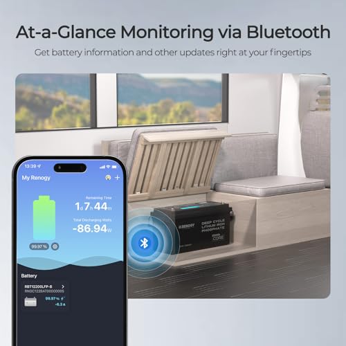 Image of Renogy 12V 200Ah Bluetooth Lifepo4 Battery, Bulit in 200A BMS Lithium Deep Cycle Battery, 400A Peak Power Surge for Off Grid Life, Backup Power for RV, Camping, Cabin, Marine