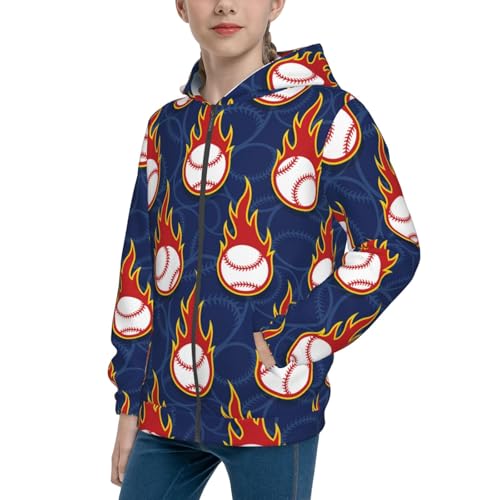 Baseball Ball and Flames Kid Hoodies Boys Zip Up Sweatshirts Girls Pullover with Pocket