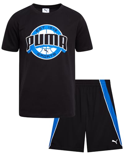 Image of PUMA Boys Short Set - 2 Piece Short Sleeve Crewneck Performance Graphic Tees and Athletic Mesh Shorts for Boys (Sizes: 4-16)