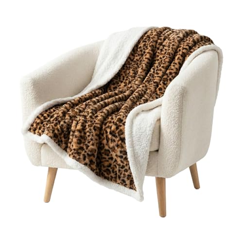 Sherpa Fleece Throw Blanket - 50x60-Inch Machine-Washable Reversible Throw - Fluffy Blankets for Couch, Chair, or Bed by Lavish Home (Leopard)