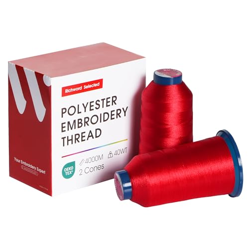 Image of Poolin Embroidery Thread, Huge Spool Richword Selected 2 Rolls Red 4000M(4374Y) 40WT Polyester Thread for All Embroidery Machines
