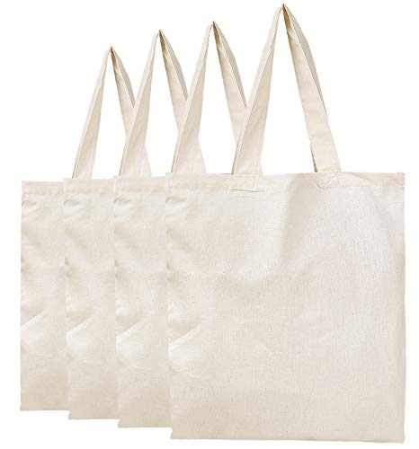 BagzDepot Plain Canvas Tote Bags - 100% Cotton Fabric Reusable Cloth Bags - Set of 4 - Tote Bags for School, Tote Bags for Grocery Shopping Store, Fun Decorating Crafts Promotional Items (Natural)