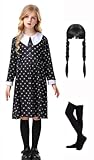 LOSXHU Girls Black Floral Dress Long Sleeve with White Collar Costume Cosplay Wig Outfit Halloween Party Dress up Pretend Play for Kids 6-7T