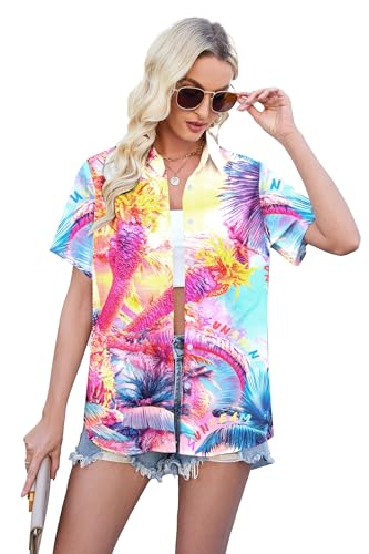 Image of Hawaiian Shirt Floral Tropical Print Tee Hawaii Shirts Aloha Beach Tee Cute Vcation Button Up Blouse