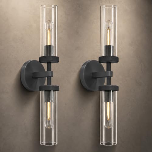 Image of Bathroom Wall Sconce Hardwired, Black Wall Sconces Set of 2, 20.5 inch Vanity Lights Over Mirror, Linear Wall Sconce Dimmable, Bathroom Light Fixtures Glass Tube, Bronze Wall Sconces Interior