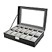 WildernessRose BoîTe à Montres à 12 Emplacements avec Couvercle en Verre BoîTe de Rangement pour Montres en Bois de Velours Gris en Cuir PU en Fibre de Carbone