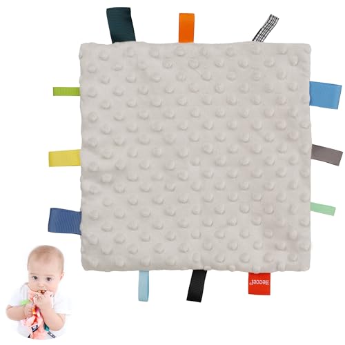 Image of HECCEI Baby Security Blanket with Colorful Satin Taggies, Plush Sensory Soothing Blanket 10 x 10 inches Square Appease for Babies Girls /Boys(Grey)