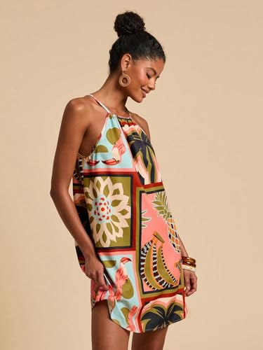 Image of KATECLO Women's Summer Halter Neck Printed Mini Dress - Casual Loose Fit Sleeveless Boho Beach Dress, Lightweight Vacation Sundress for Women