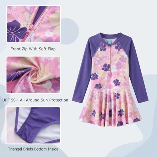 Image of Aisyee Girls One Piece Swimsuits Swim Dress for Girls Long Sleeve Rash Guard Bathing Suits Hawaiian Skirt Swimwear 3-16 Years