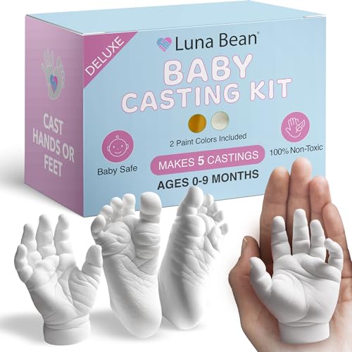 Image of Luna Bean Deluxe Baby Keepsake Hand Casting Kit - Hand Mold Casting Kit for Infant Hand & Foot Mold - Baby Casting Kit for First Birthday, Christmas & Newborn Gifts - Includes Gold and Pearl Paint.