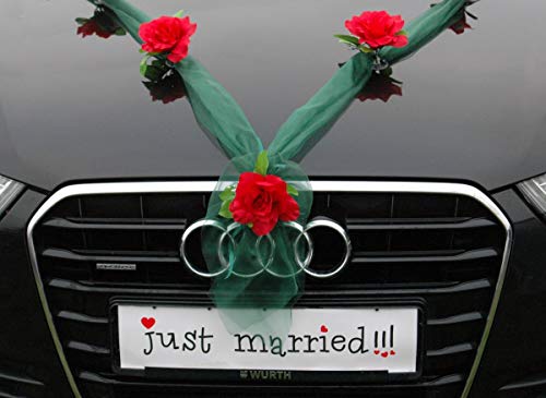 Organza M Auto Schmuck Braut Paar Rose Deko Dekoration Autoschmuck Hochzeit Car Auto Wedding Deko Girlande PKW (Rot/Grun) - Image 4