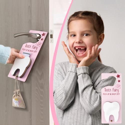 Image of DoubleFill Fairy Tooth Gift Holder Bag Door Hanger Lost Teeth Keepsake Box Tooth Fairy Kit Stores Back to School Gift for Lost Teeth Boy Girl Primary School Classroom Gifts(Classic,Pink Brown)