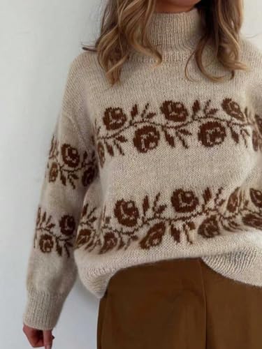 Image of ZAFUL Flower Crochet Turtleneck Sweater for Women Pullover Puff Long Sleeve Boho Knit Sweaters Trendy Knitwear Tops
