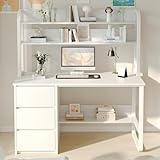 MaverickFurni White Desk with Hutch, 60 Inch Computer Desk with 3 Drawers for Bedroom, Study Desk for Small Spaces, Bottom Shelves, Adjustable Feet