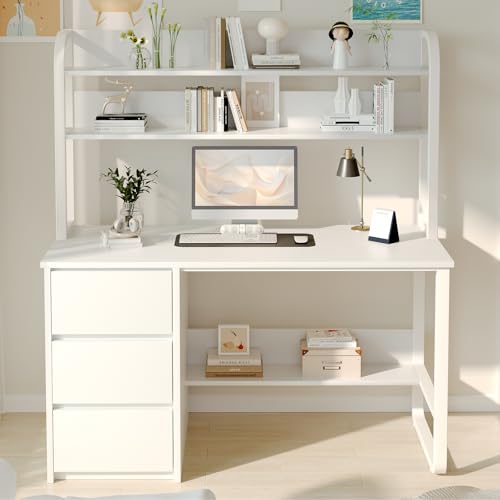 MaverickFurni White Desk with Hutch, 47 Inch Computer Desk with 3 Drawers for Bedroom, Study Writing Desk with Shelves for Small Spaces, Adjustable Feet