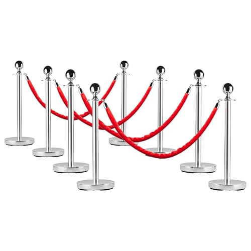 8 Pack Stainless Steel Stanchion Posts with Crimson Soft Ropes, 5 FT Heavy Duty Crowd Control Barriers with Sand Injection Base, Professional Queue Management System for Events, Grand Opening, Casino
