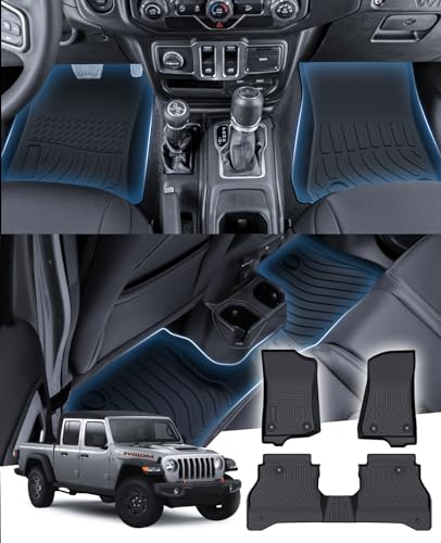 Sunsdrew Floor Mats for Jeep Gladiator 2020-2025 2026 All Weather TPE Rubber Floor Liners for Gladiator Accessories 1st&2nd Row Full Set Car Mats Raised Edge