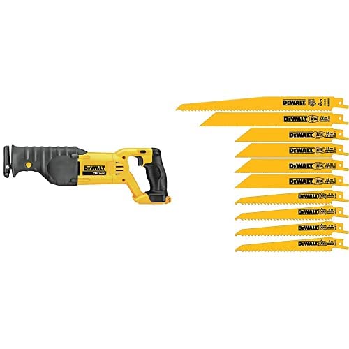 DEWALT DCS380B 20-Volt MAX Li-Ion Reciprocating Saw (Tool Only) with DEWALT DW4898 Bi-Metal Reciprocating Saw Blade Set with Case, 10-Piece