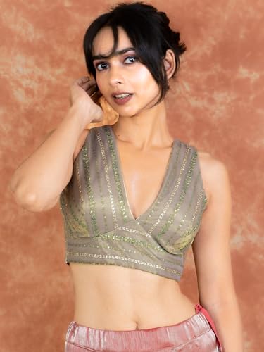 Image of FIGURE'S DESIGNER Women's Sequin Embroidered SabyaSachi Cut V Neck Sleeveless Readymade Saree Blouse E24