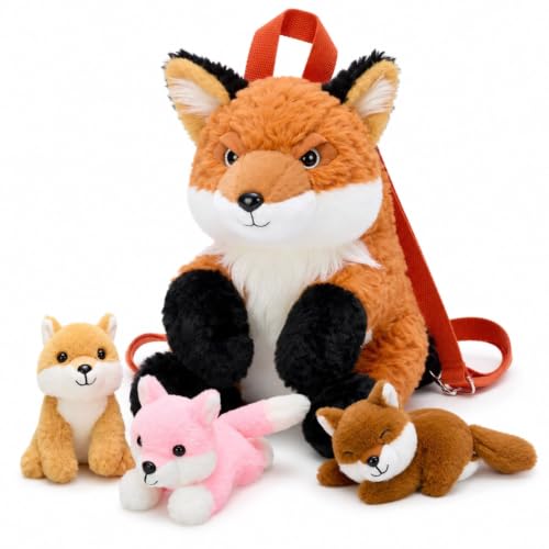 Tezituor 13 Inch Fox Plush Backpack Stuffed Animal Backpack with 3 Baby Foxes Cute Fox Plush Shoulder Bag with Adjustable Strap for Kids Girls Gifts