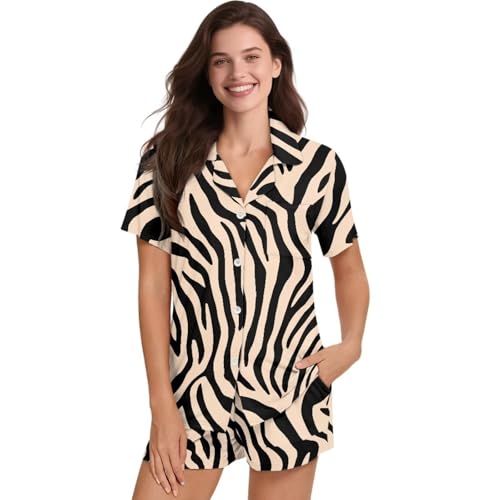 Image of Women's Short Sleeve Sleepwear Button 2 Piece Plus Size Pajamas Casual Soft Stretchy Funny Nightwear with Pockets