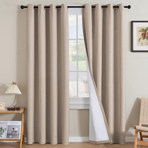 Image of H.VERSAILTEX Linen Curtains 100% Blackout Curtains for Bedroom 96 inch Long Full Light Blocking Nature Linen Blended Window Curtains for Living Room Nickel Grommet (2 Panels, Heathered Sand)