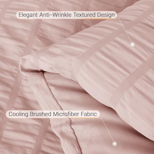 MUXHOMO 7 Pieces King Comforter Set, Seersucker Bed in a Bag King Size, All Season Luxury Bedding Set with Comforter, Flat Sheet, Fitted Sheet, Pillowcases & Shams, Rose Gold