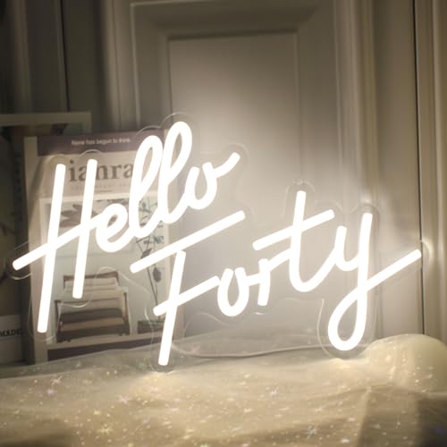 Image of Hello Forty Neon Sign 40th Birthday Party Decorations Neon Signs Hallo Forty Party Favors LED Neon Lights Gift for Him /Her