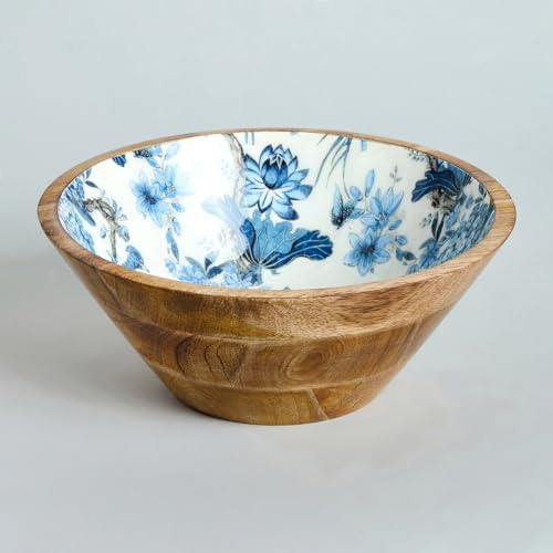 Image of SAAGA Mango Wood Salad Bowl | 10 x 4 Inch Large Wooden Mixing & Serving Bowl for Salads, Fruits, Vegetables & Snacks | Handcrafted Kitchen & Dining Bowl | White & Mazarine Blue