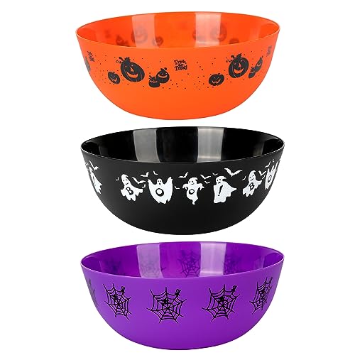 AUECOOME 3 Pieces Halloween Plastic Trick Treat Candy Bowls Large Reusable halloween serving bowl Halloween Party Supplies (Orange Purple Black)
