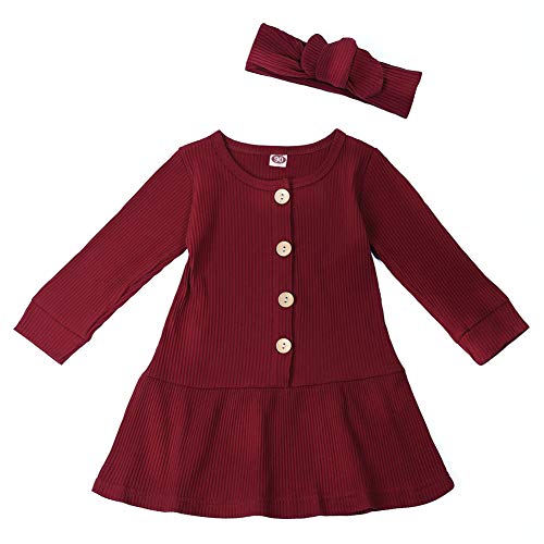 BBsunny Baby Girls Christmas Fall Dresses Long Sleeve Cotton Button Outfits Toddler Clothing for Spring Winter (4 Years - 5 Years, Wine Red)