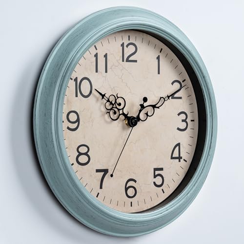 Image of KECYET Wall Clock, Vintage, 12 Inch Kitchen Wall Clocks Battery Operated Non Ticking, Silent Retro Teal Clock Decorative for Living Room, Bathroom, Office, Home, Farmhouse