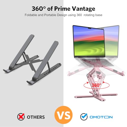 Image of OMOTON 360 Rotating Laptop Stand Riser for Desk, Ergonomic Foldable Computer Stand Adjustable Height Angles for Collaborative Work, Easy Storage Fit Macbooks,All Laptops up to 16 inches, Pink