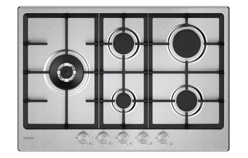 Candy Moderna placa de cocción a gas de 5 fuegos, acero inoxidable, quemador de doble corona, parrillas lavables en lavavajillas, altura x anchura 0,8 x 74,5 x 51 cm, color inoxidable – CHG7WL4WTX