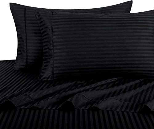 Image of YRM Bedding's Premium Collection Egyptian Cotton 600-TC 4-Piece Bedsheet Set {1-Bedsheet (102x108) + 1-Fitted (72x78) + 2-Pillow(18x28)}, Standard King Size, Black Stripe