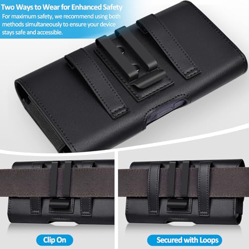 Image of ACCKUO Leather Phone Holster with Strong Metal Belt Clip and Card Holder Compatible with iPhone 17 Air, 16 /15 /14 /13 Pro Max, Galaxy S26 /S25 /S24 /S23 /S22 Plus and FE for Everyday Protection, L-Black