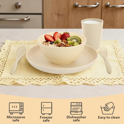 Image of Kitchen Wheat Straw Dinnerware Sets for 4, Unbreakable Kids Dish Set 20 PCS - Dinner Plate /Cereal Bowl /Cup /Fork /Spoon, for Outdoor Camping, RV, Apartment Essentials - Beige