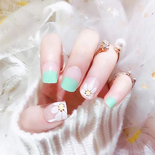 DCJ® Falschnägel 24 Stück künstliche Kunstnägel, Flache französische Nägel, grüne Blumen-Kunstnägel mit Nagelmaterial…