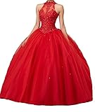 QXMYOO Women Ball Gown Prom Party Halter Lace Quinceanera Dress Sweet 16 Dresses Red