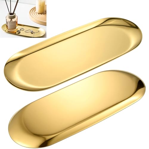 Pack of 2 Oval Stainless Steel Oval 23 x 9 cm Decorative Tray Candle Tray Jewellery Bowl Serving Tray for Dessert Cosmetics Jewellery Candles (Gold