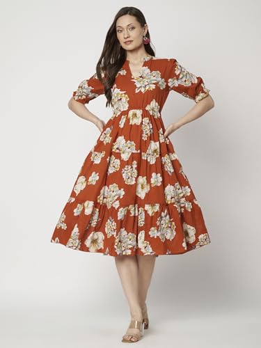 Image of PIDAVLIYA'S Women's Floral Summer Maxi Dress I Cotton Printed I One Piece Bodycon Midi Dress with V-Neck, Puffed Sleeves